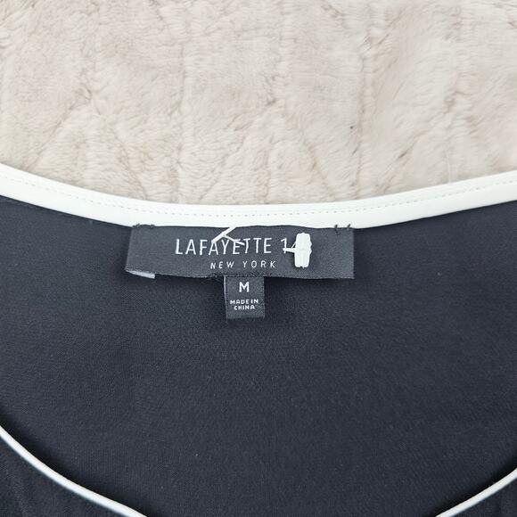 Lafayette 148 Blouse Medium Silk Piped Classic Knit Cuff Timeless Quiet Luxury - Picture 2 of 6